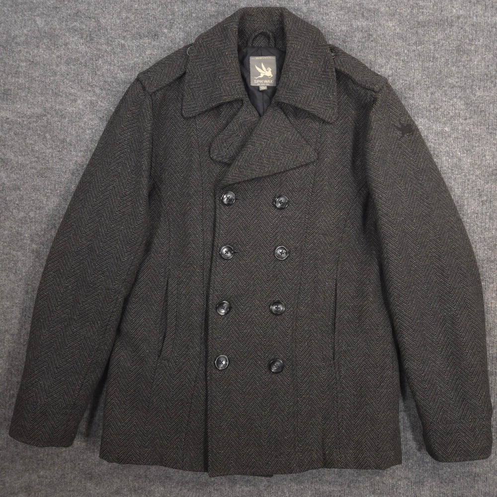 Spiewak Peacoat Mens L Gray Black Chevron Wool Blend Double‎ Breasted Military